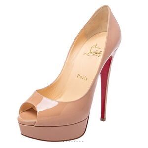 Christian Louboutin Beige Patent Leather Lady Peep Toe Platform Pumps Size 40.5